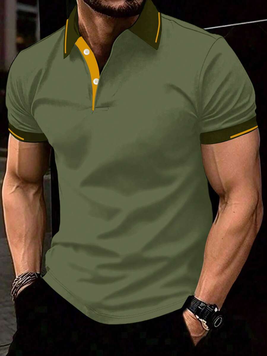 Manfinity Homme 男士加大码撞色短袖休闲 Polo 衫，适合夏季工作装、外出装 - 綠色 - 查看 1