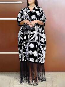 V-Neck Loose Tassel Print Dress, Summer New Style - Black - View 1