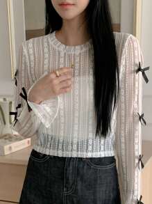 DAZY Blusa sencilla y lisa con decoración de lazo, manga larga para mujer, ideal para uso diario en verano