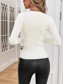 SHEIN Clasi 紐扣細節條紋針織套頭毛衣 - 白色 - 查看 2