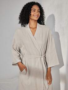 Ocili Leisure Comfy & Breathable Lightweight Crinkle Cotton Gauze Lounge Robe - Gray - Khaki - View 5