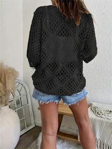 Spring/Summer V-Neck Diamond Cutout Batwing Sleeve Women Cover Up Coat - Black - View 2