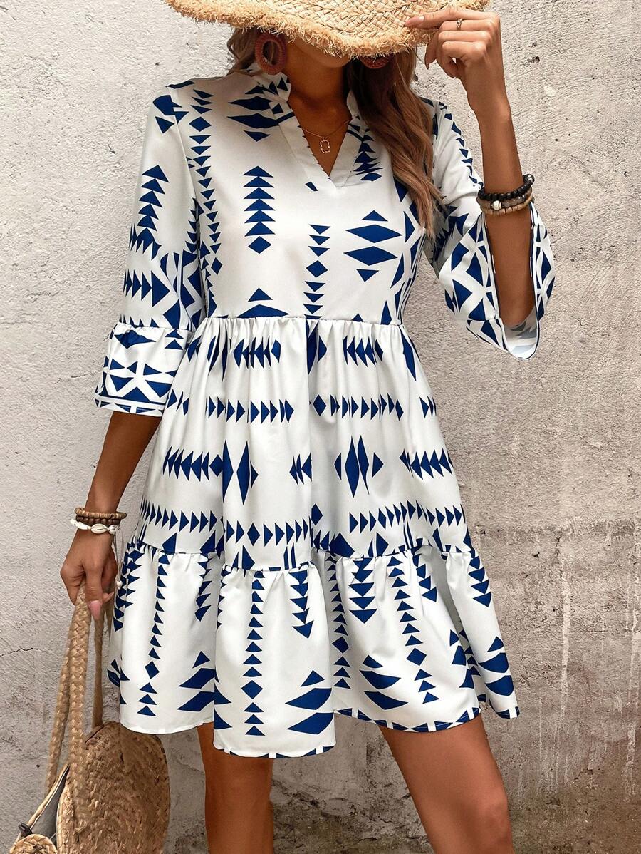 SHEIN Clasi Women's Printed Notched V-Neck Flare Sleeves Ruffle Hem Casual Dress - Multicolor - View 1