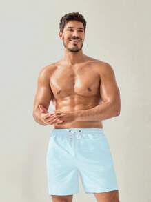 Manfinity KASUA Men's Solid Color Beach Shorts With Drawstring Waist, Suitable For Vacation And Leisure - Baby Blue - View 3