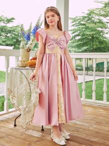 Tween Girl Front Bow Decor Satin Puff Sleeve Gold Jacquard Fabric Party Gown Dress - Multicolor - View 6