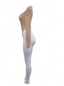 Solid Color Mesh Rhinestone Elegant Long Sleeve Long Pants Jumpsuit Birthday Party For Graduation, Dinner Festival Wedding Spring - Apricot - View 7