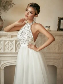 Halter Neck Contrast Sequin Mesh Wedding Dress - White - View 6