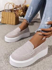 Women's Fashionable Plus-Size Comfortable Loafers, Slip-On Sneakers With Waterproof Platform, Khaki