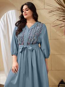 Mulvari Plus Size Bohemian Style V-Neck Belted Dress For Summer - Blue - View 5