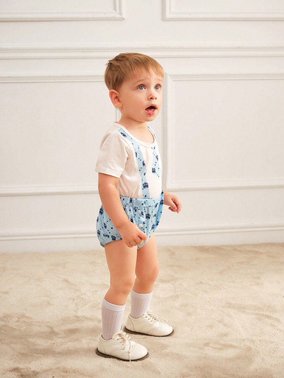Baby Boys' Spring Summer Casual Cute 2 In 1 Crown, Tie, And Printed Bodysuit For Daily Wear