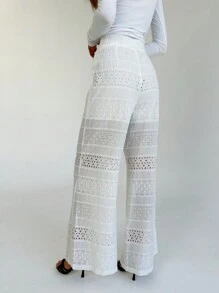 Aloruh Ladies' Regular Waist Hollow Out Flower Embroidered Floor Length Pants, Perfect For Romantic Dates And Vacations - White - View 5
