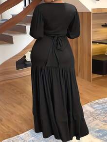 大尺碼純色休閒V領長袖套裝