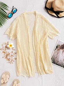 SHEIN Tween Girl Loose-Knit Short Sleeve Hollow Out Summer Cardigan - Apricot - View 1