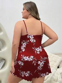 SHEIN Conjunto de pijama de tirantes de espagueti estampado en talla grande - Burdeos - Ver 2