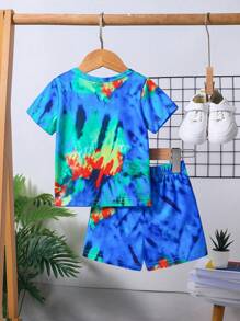 Ensemble de t-shirt à manches courtes et short pour garçons bébés, style décontracté et streetwear avec impression KING en Tie-dye - Multicolore - Voir 2