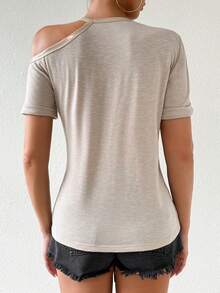 Chiquease 女款不對稱領口短袖寬鬆休閒T恤，夏季 - 杏色 - 查看 2