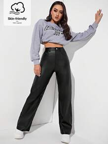 SHEIN Unity 女士时尚纯色高腰直筒裤 - 黑色 - 查看 2