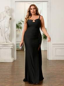 SHEIN Belle Plus Size Black Asymmetrical Neckline Ruffle Trim High Slit Back Trail Elegant Minimalist Formal Dress - Black - View 7