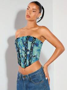 SHEIN BAE 無肩帶假日印花綁帶點綴維多利亞秘密樣式馬甲上衣，電音節奏造型，鄉村音樂會服裝束，派對節奏造型襯衫 - 藍色 - 查看 4