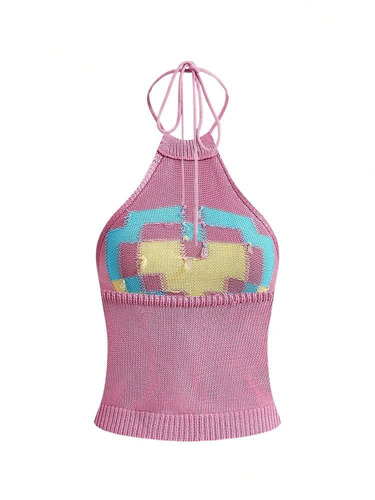Artist Girlcore Women's Casual Knitted Halter Top, Sleeveless And Backless, Summer, Neck Hanging Style, Holiday, Vacation, Beach, Going Out, Festival