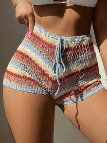 SHEIN Swim Women's Knitted Colorful Simple Everyday Cover Up,Summer Beach - Multicolor - View 4
