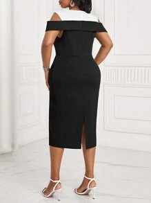 SHEIN Lady Plus Size Women's Graduation Dress, Black & White Color Block Off Shoulder Summer Dress - Black and White - View 2