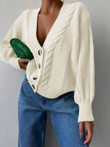 EURMUSE Solid Drop Shoulder Cable Knit Cardigan - Beige - View 6