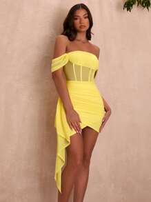 SHEIN BAE Summer Yellow Off Shoulder Sexy Elegant Mini Dress With Draping And Sheer Design For Women