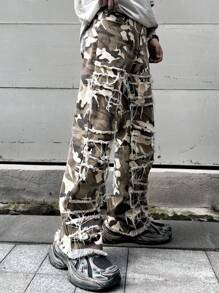 Manfinity Roghcode 男士時尚拼接休閒牛仔褲 - 軍綠色 - 查看 4