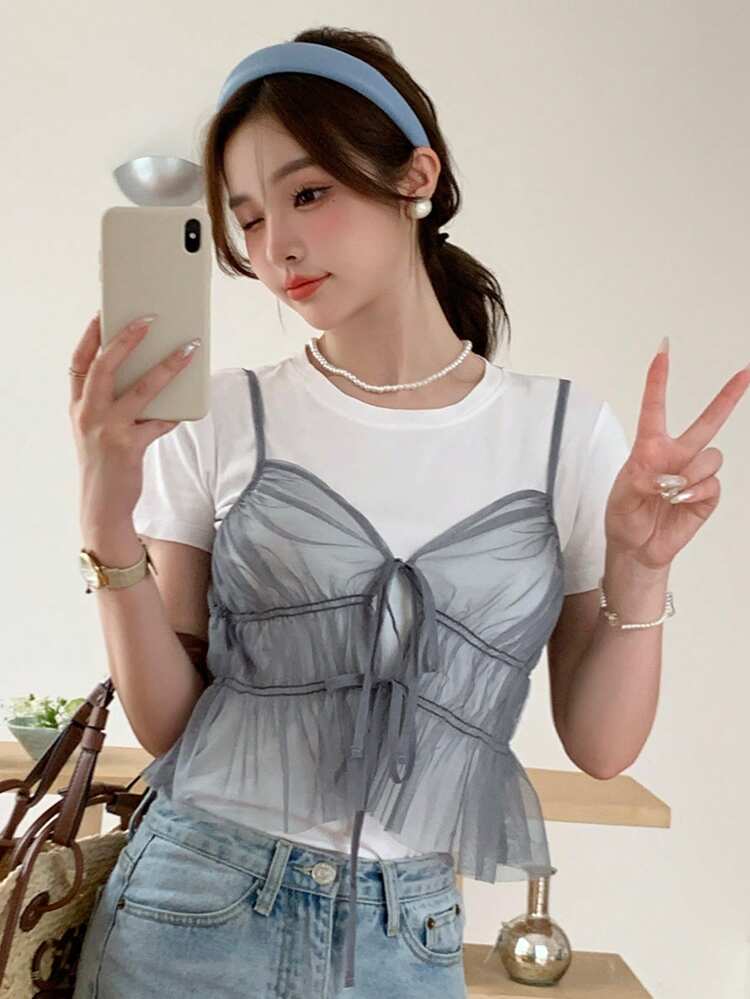 Ladies' Fashionable See-Through Camisole Top,Ruffle