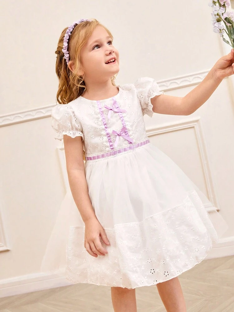 Young Girl Lovely Elegant White Puff Sleeve Mid-Length Short-Sleeved Dress