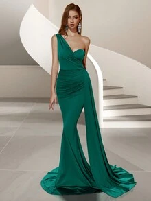 ADYCE One Shoulder Ruffle Ribbon Party Prom Dress