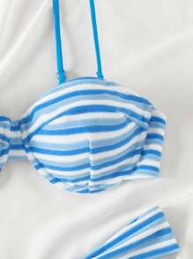 SHEIN Swim 条纹印花夏季分体肩带细肩带比基尼上衣和三角泳裤套装，适合海滩/泳池，夏季海滩 - 彩色 - 查看 5