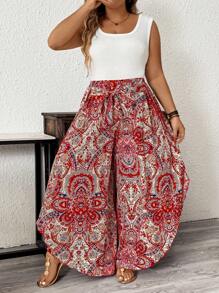 SHEIN LUNE 大码女式印花弹力腰带系带不对称下摆长裤度假装扮女装大码女装节日波西米亚风服装复古印花不对称下摆长裤节日波西米亚风大码夏季女装裤装女装大码夏季女装度假装扮女装节日夏季女装度假装扮女装 - 彩色 - 查看 4