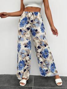 RueChic Women's Blue Floral Print  Wide Leg Pants - Blue - View 6