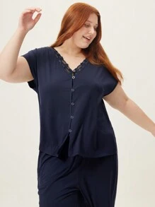 LUVLETTE Women Dark Blue Plus TENCEL™ Modal Lace Short Sleeve Shirt & Pants Women Pajama Set Lounge Set Lingerie