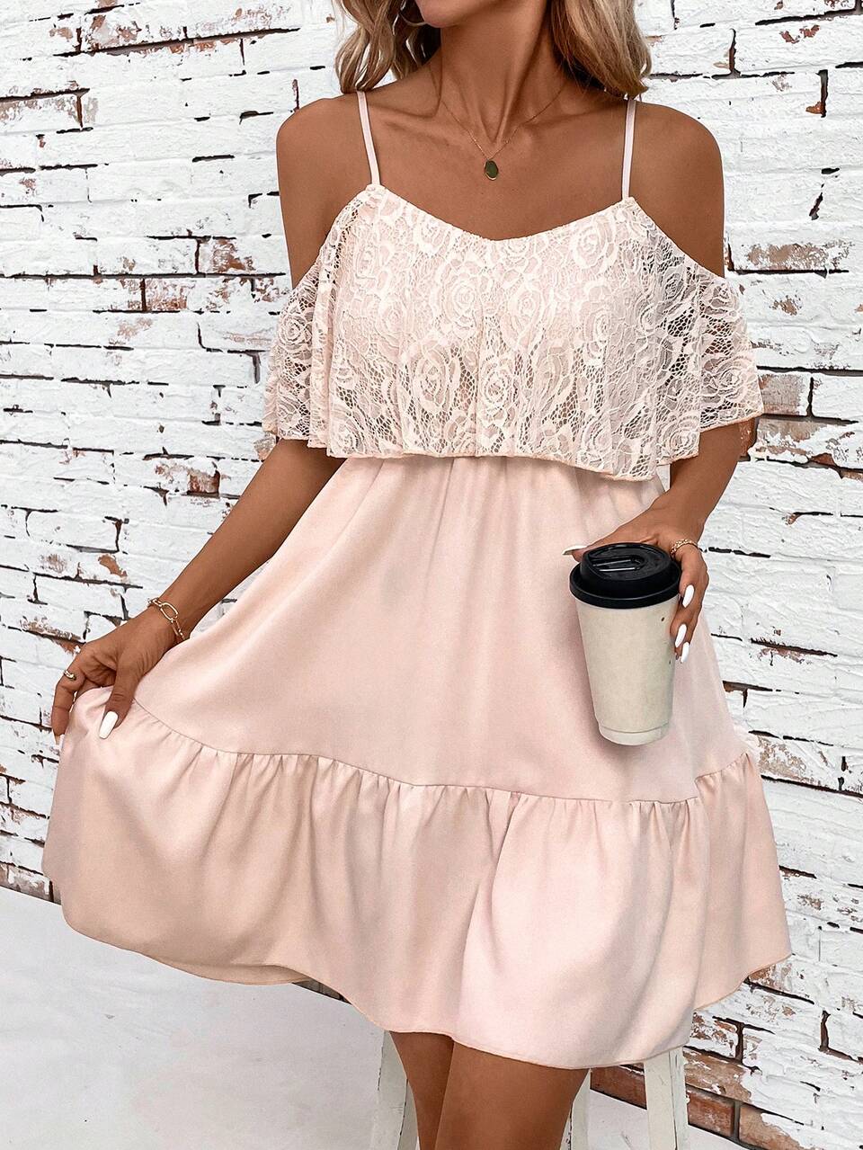 SHEIN Clasi Romantic Flower Lace Off-The-Shoulder Ruffle Strap Vacation Summer Dress