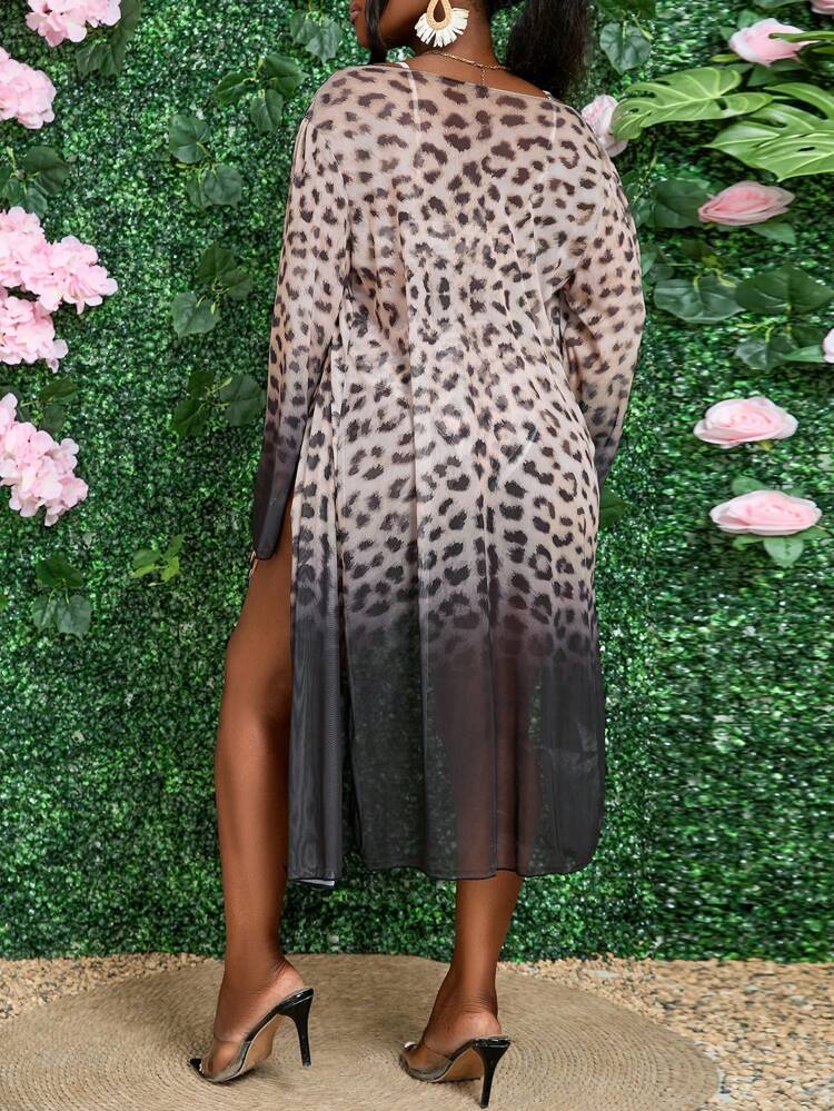 Women's Leopard Print Bikini Set With Twist Front Detail And Long Sleeve Cover-Up, 3pcs For Beach Holiday Summer