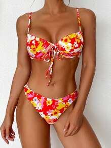 SHEIN Swim 夏季女士花卉印花前系带性感比基尼度假套装