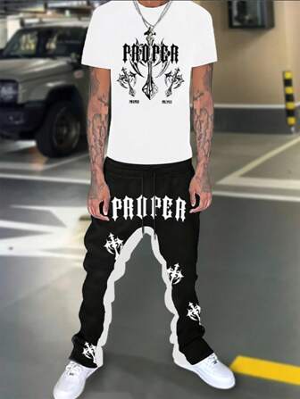 Manfinity Roghcode Herr sommarbrevtryck rundhalsad kortärmad Casual T-shirt och dragsko i midjan långbyxor