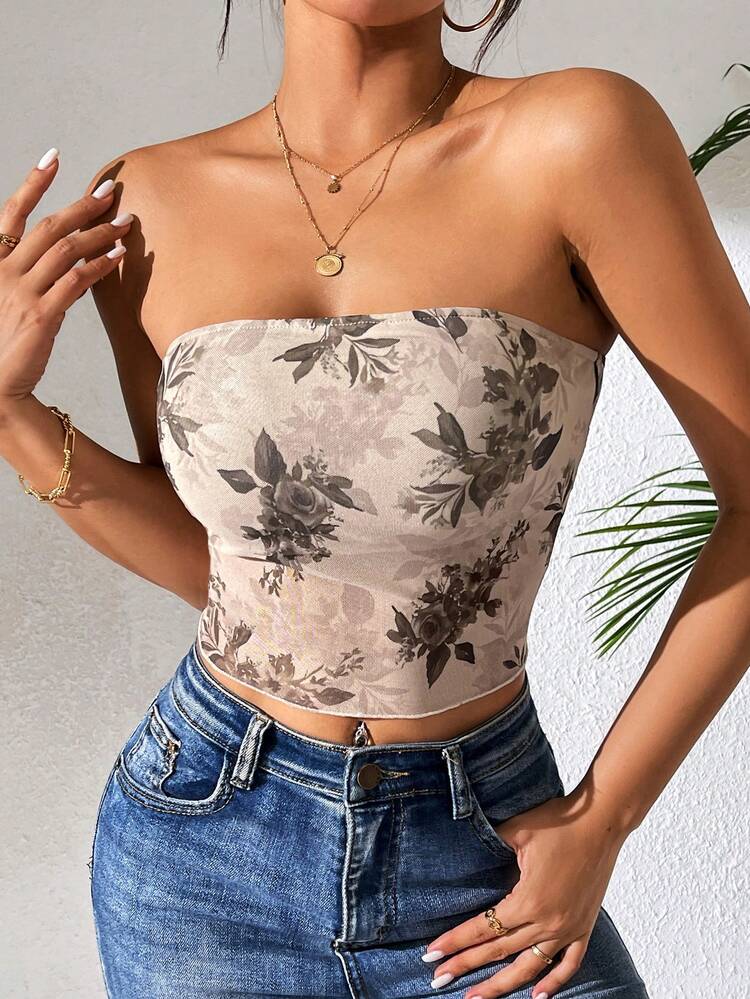 Women Vintage-Style Printed Strapless Top
