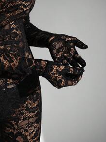 Hauture Lace Mock Neck Gloves Unitard Jumpsuit - Black - View 3