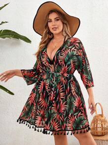 Swim Lushoire Plus Size Women Vacation Style Long Sleeve Kimono With Tree Leaf Print Summer
