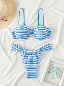 SHEIN Swim 条纹印花夏季分体肩带细肩带比基尼上衣和三角泳裤套装，适合海滩/泳池，夏季海滩 - 彩色 - 查看 1