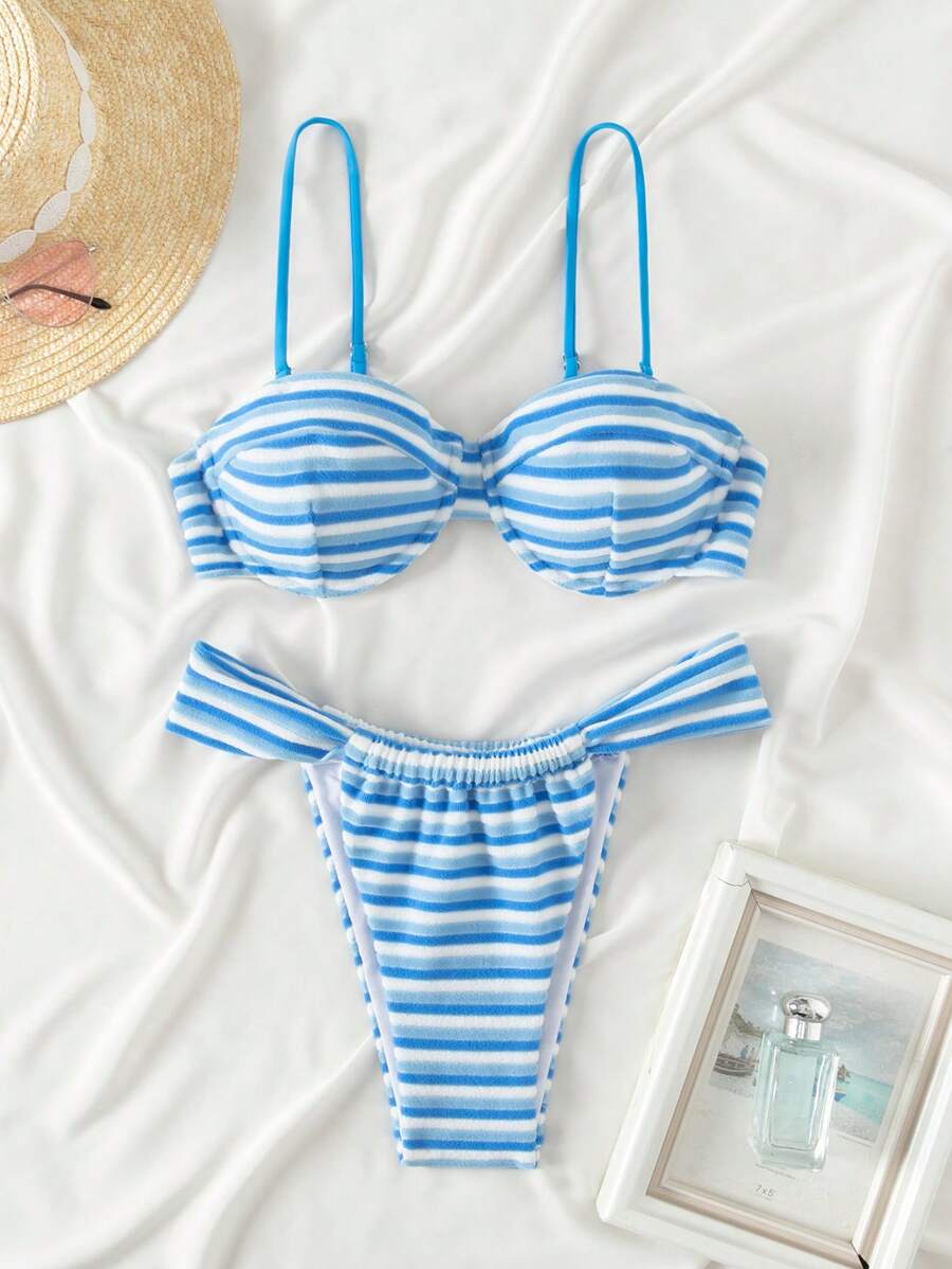SHEIN Swim 条纹印花夏季分体肩带细肩带比基尼上衣和三角泳裤套装,适合海滩/泳池,夏季海滩 - 彩色 - 查看 1