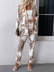EMERY ROSE Women's Leopard Chain Print Suit Set, Casual Blazer And Pants