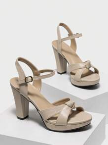 春夏女士厚底高跟凉鞋，粗跟，杏色，交叉踝带，优雅时尚，度假必备 - 杏色 - 查看 3