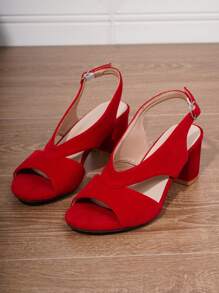 Women's Vintage Red Suede Block Heel Roman Sandals With Ankle Strap And Buckle - Red - View 2