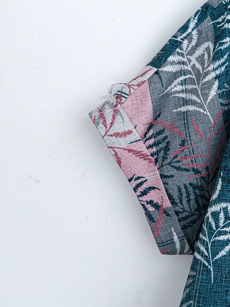 Vacation Leisure Color Block Striped Botanical Print Batwing Sleeve Shirt