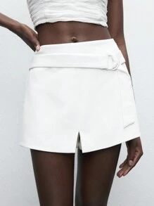 Maija Back-To-School Casual White Women's Workwear Skirt, Summer Solid Color Split Short Skort - White - View 1